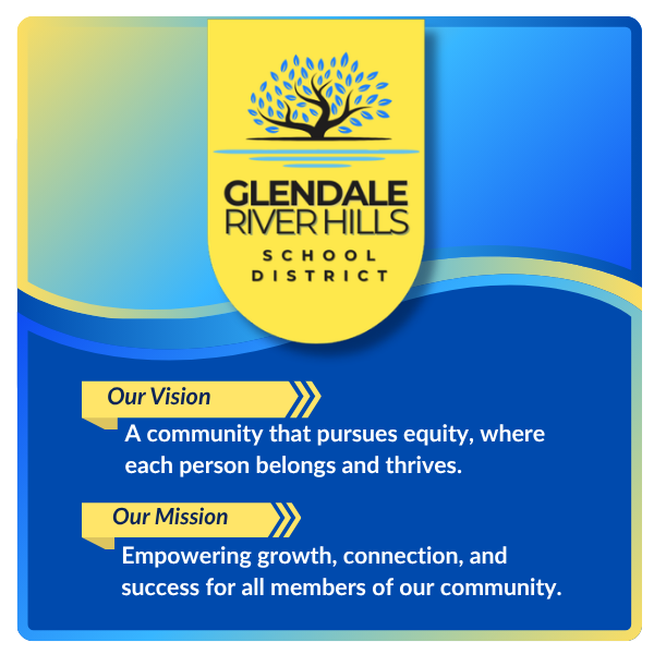 blue and yellow tree district logo with vision and mission